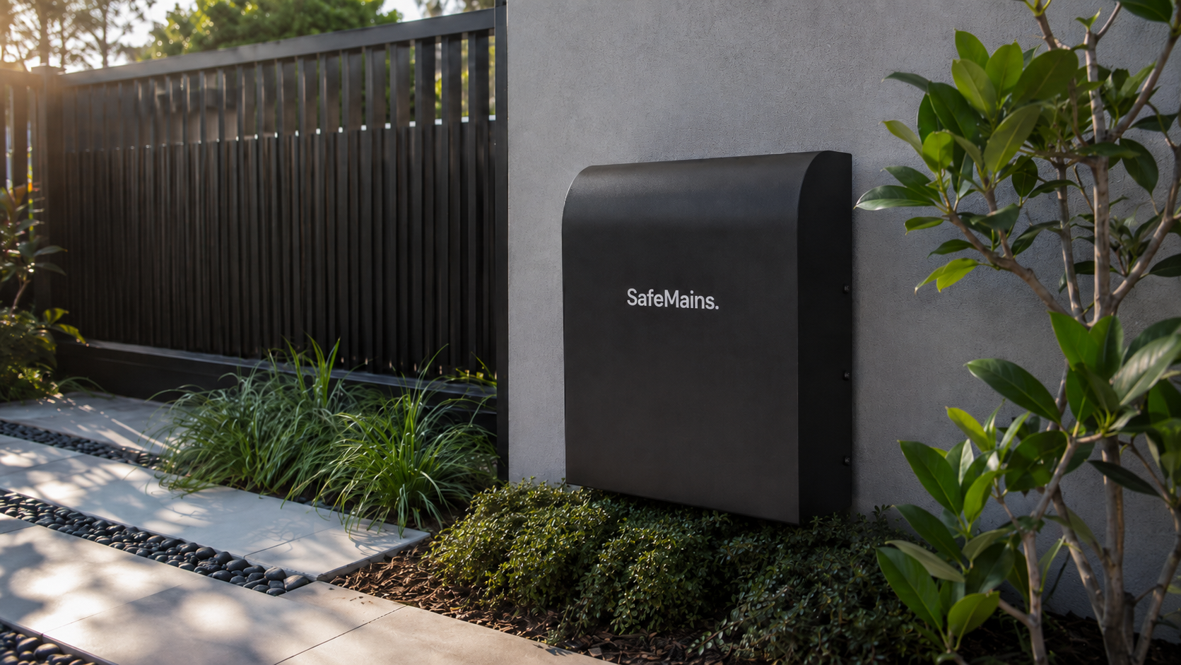 SafeMains whole-house water filtration unit installed on a modern home exterior